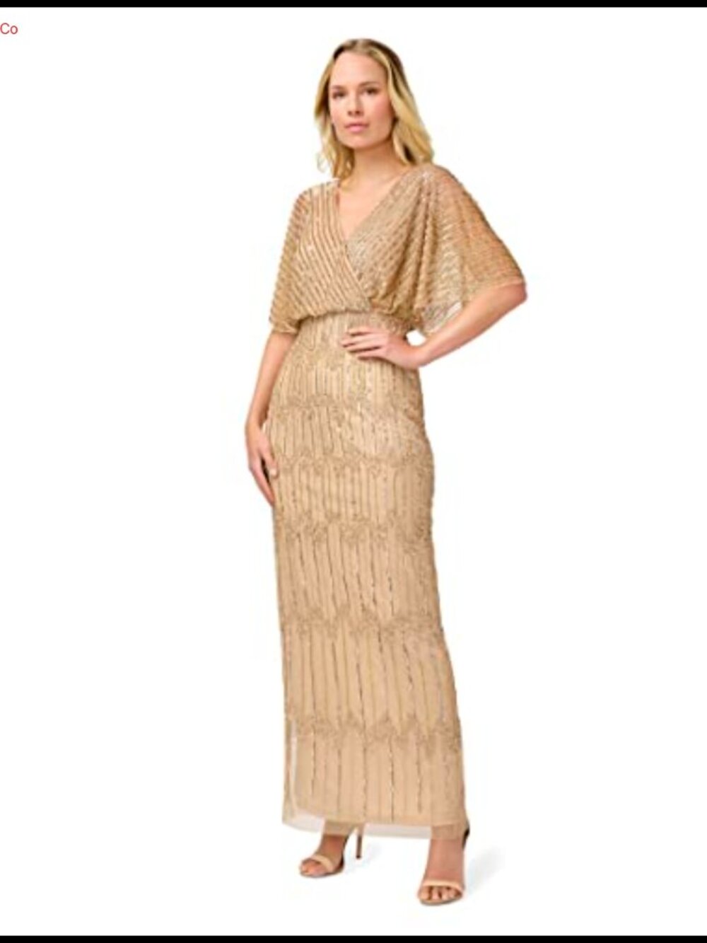 Beaded Surplice Gown Long Formal Evening Dress Mesh Elbow Sleeves